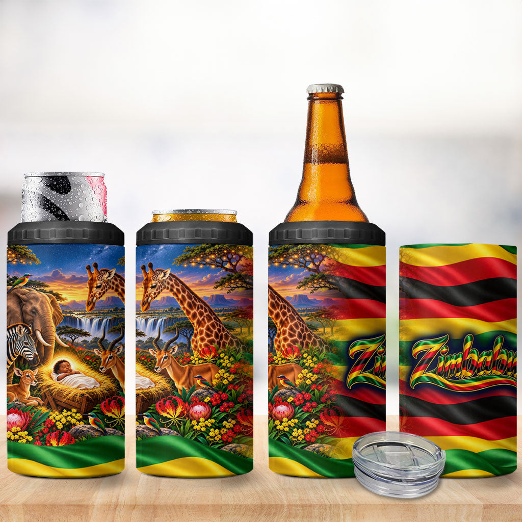 Zimbabwe Christmas Holy Family 4 in 1 Can Cooler Tumbler African Safari Wildlife Savanna Sunset Baby Jesus
