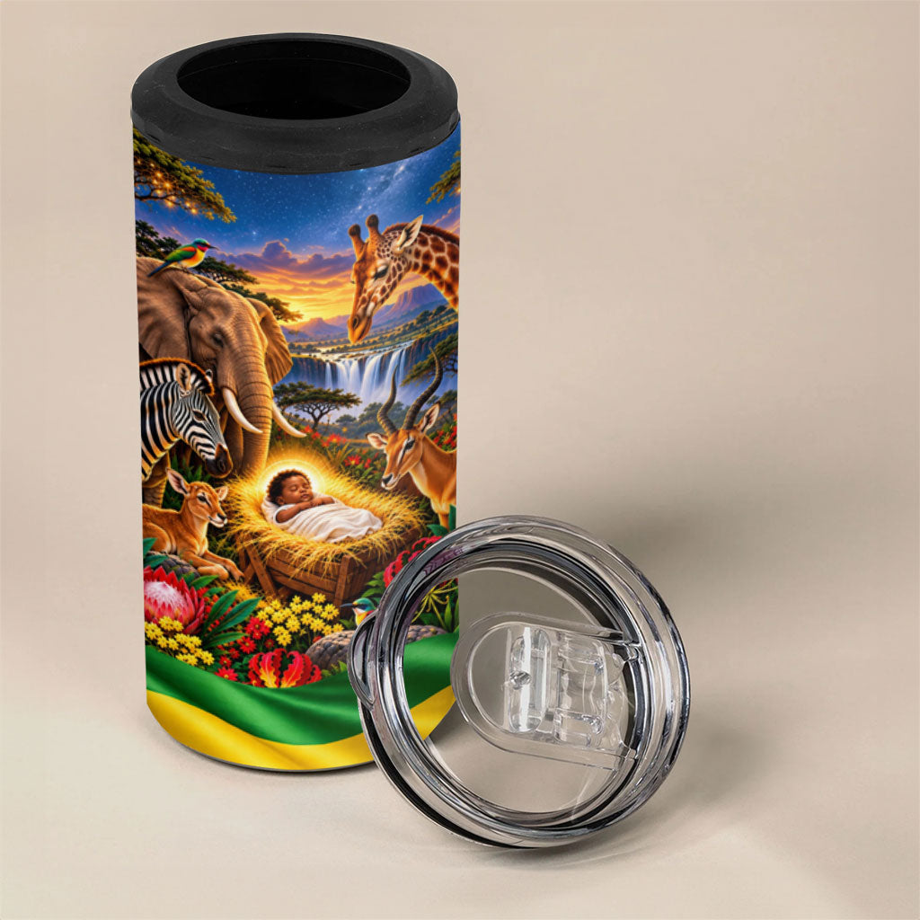 Zimbabwe Christmas Holy Family 4 in 1 Can Cooler Tumbler African Safari Wildlife Savanna Sunset Baby Jesus