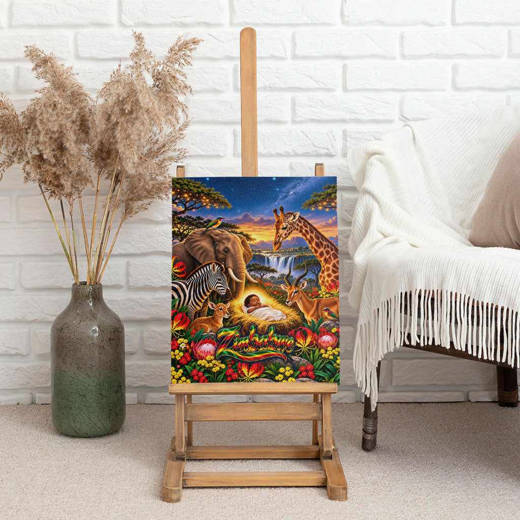 Zimbabwe Christmas Holy Family Canvas Wall Art African Safari Wildlife Savanna Sunset Baby Jesus