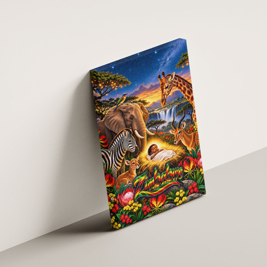 Zimbabwe Christmas Holy Family Canvas Wall Art African Safari Wildlife Savanna Sunset Baby Jesus