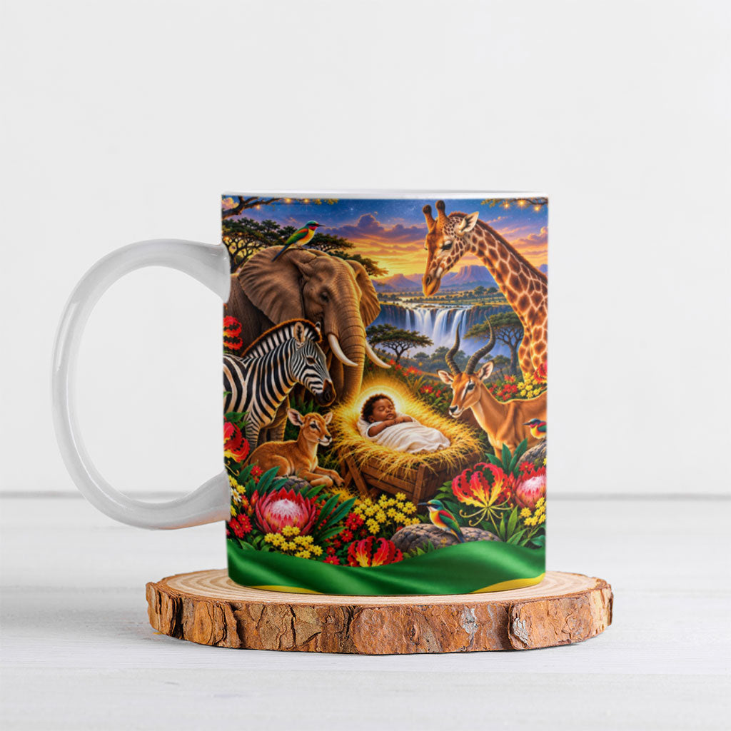 Zimbabwe Christmas Holy Family Ceramic Mug African Safari Wildlife Savanna Sunset Baby Jesus