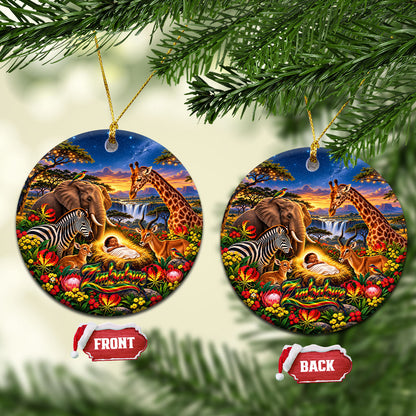 Zimbabwe Christmas Holy Family Ceramic Ornament African Safari Wildlife Savanna Sunset Baby Jesus