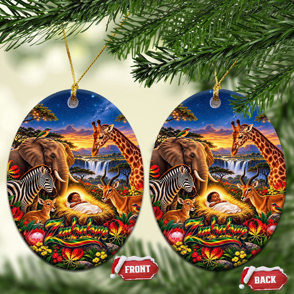 Zimbabwe Christmas Holy Family Ceramic Ornament African Safari Wildlife Savanna Sunset Baby Jesus