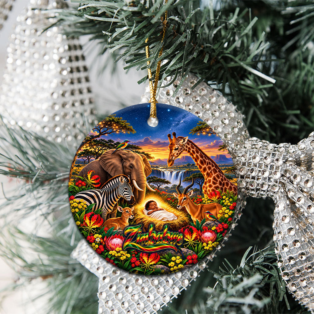 Zimbabwe Christmas Holy Family Ceramic Ornament African Safari Wildlife Savanna Sunset Baby Jesus