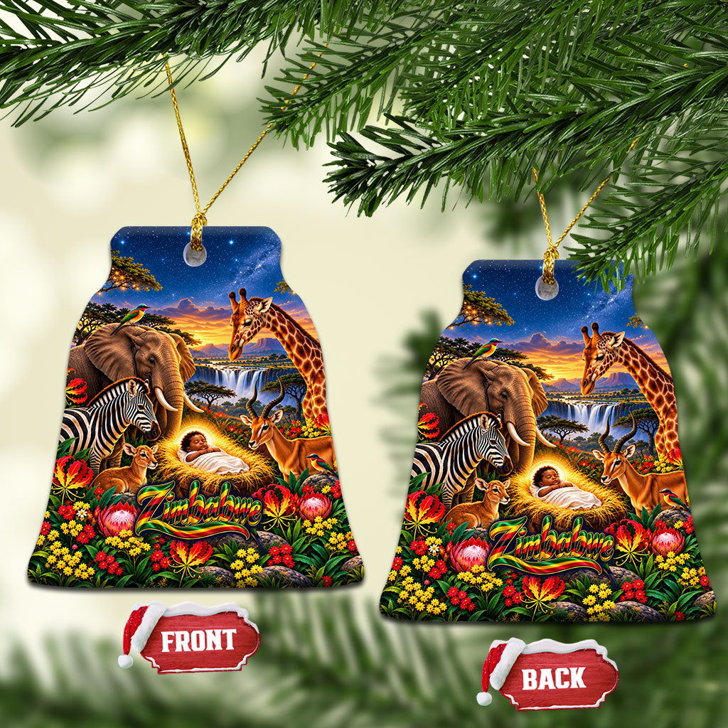 Zimbabwe Christmas Holy Family Ceramic Ornament African Safari Wildlife Savanna Sunset Baby Jesus
