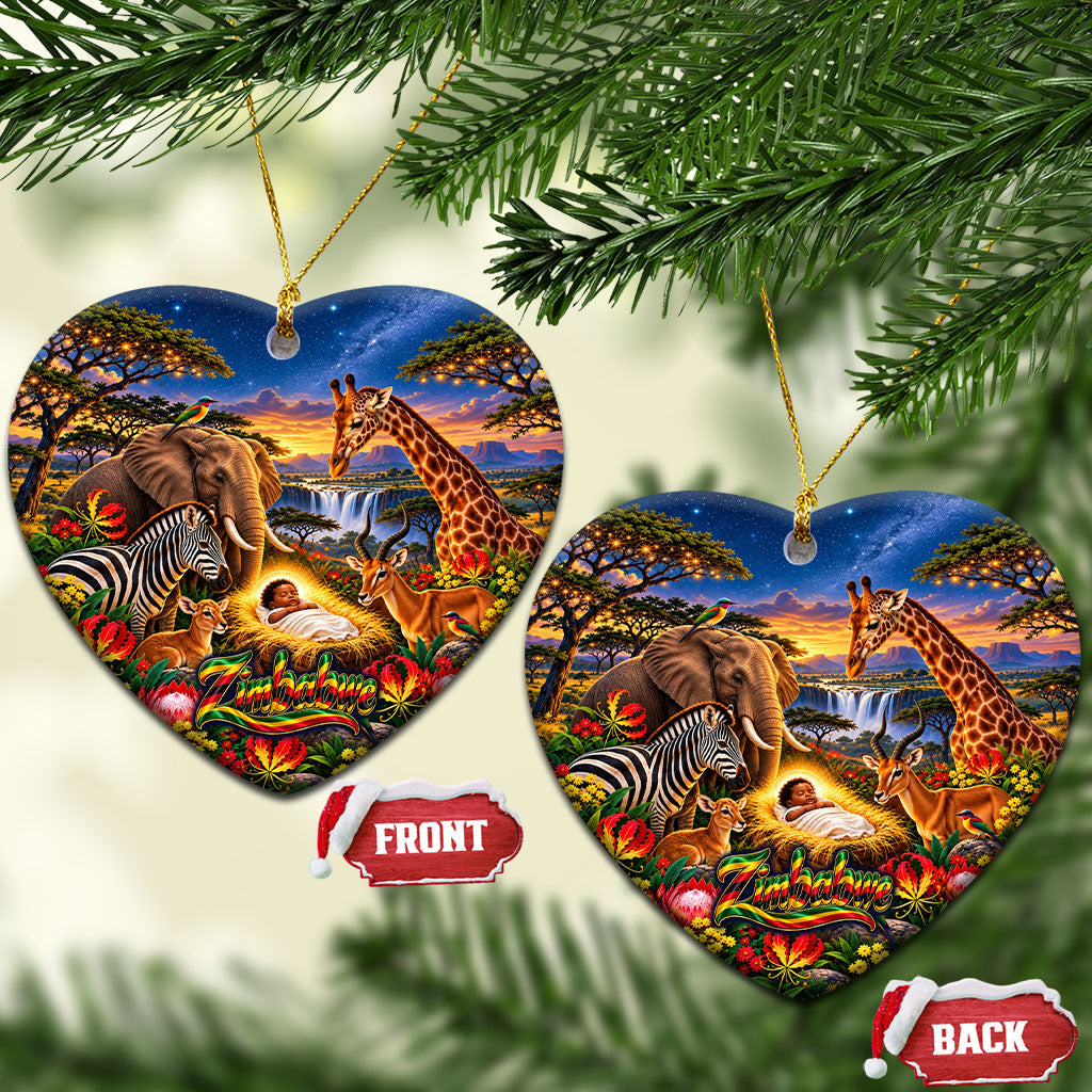 Zimbabwe Christmas Holy Family Ceramic Ornament African Safari Wildlife Savanna Sunset Baby Jesus