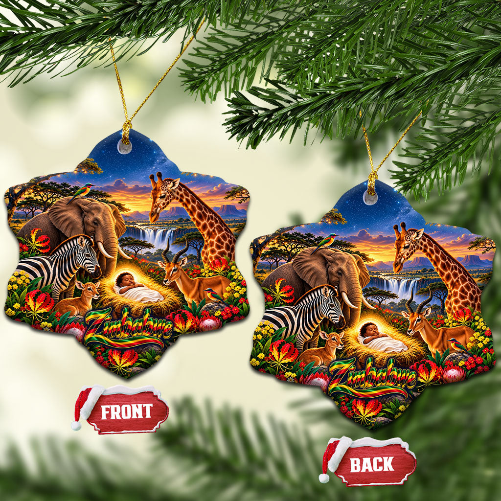 Zimbabwe Christmas Holy Family Ceramic Ornament African Safari Wildlife Savanna Sunset Baby Jesus