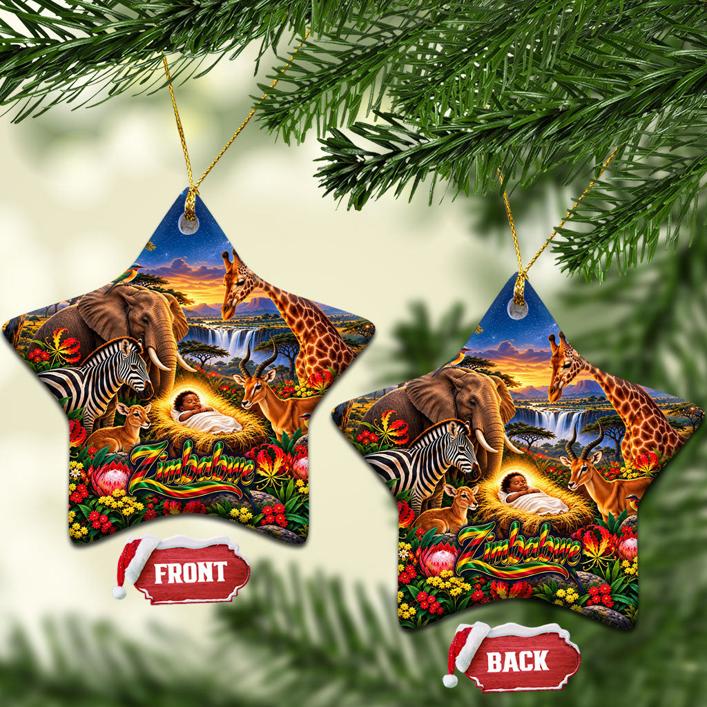 Zimbabwe Christmas Holy Family Ceramic Ornament African Safari Wildlife Savanna Sunset Baby Jesus