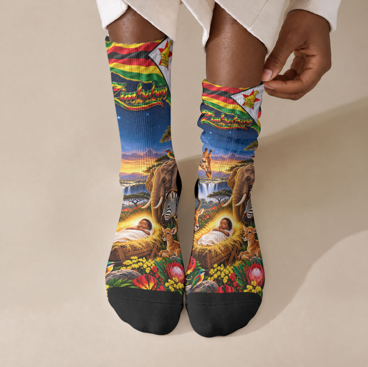 Zimbabwe Christmas Holy Family Crew Socks African Safari Wildlife Savanna Sunset Baby Jesus