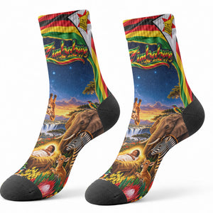 Zimbabwe Christmas Holy Family Crew Socks African Safari Wildlife Savanna Sunset Baby Jesus