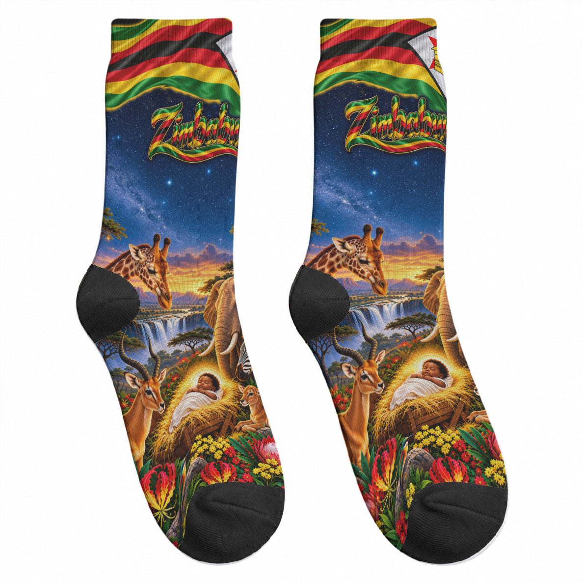 Zimbabwe Christmas Holy Family Crew Socks African Safari Wildlife Savanna Sunset Baby Jesus