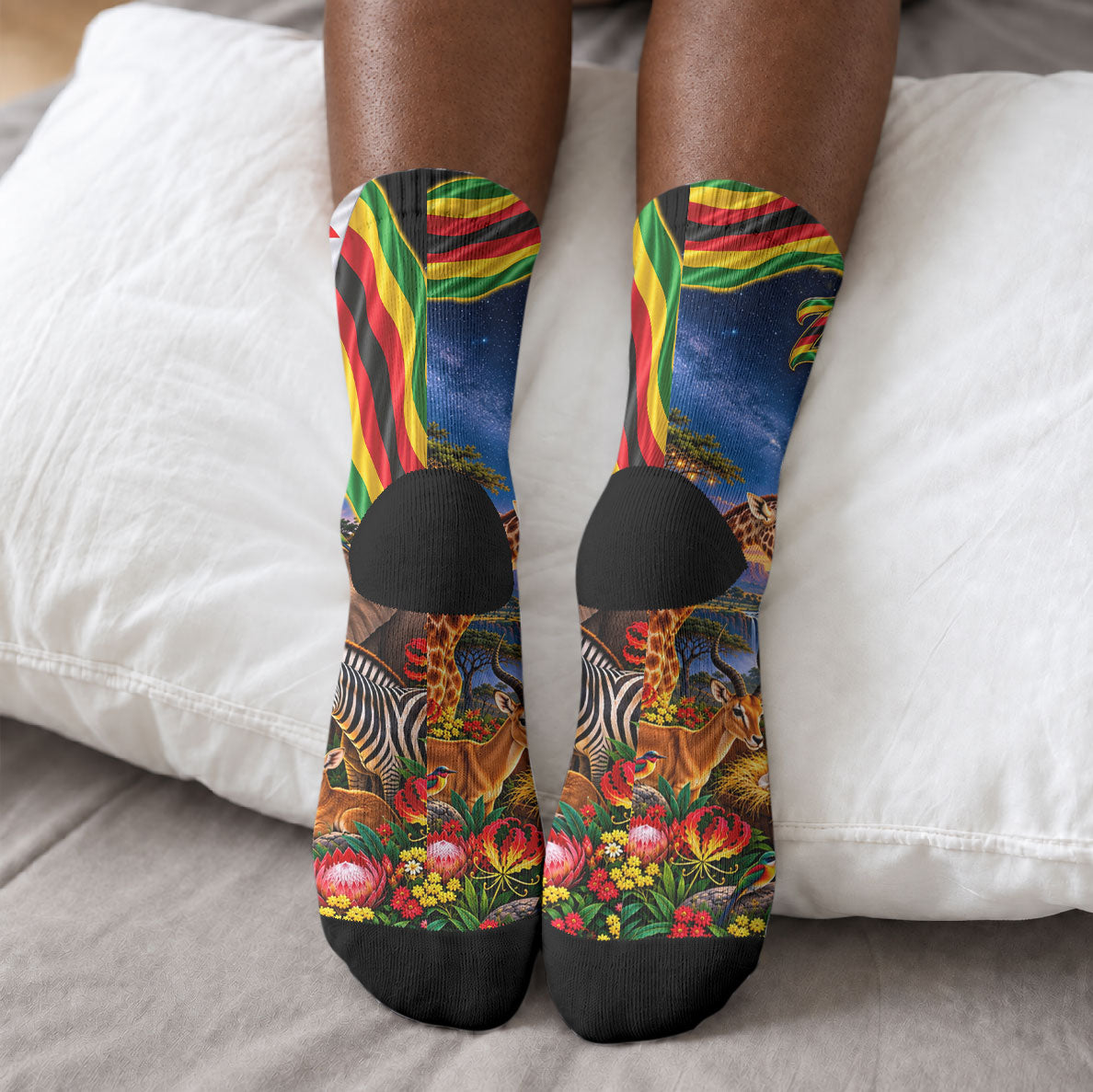 Zimbabwe Christmas Holy Family Crew Socks African Safari Wildlife Savanna Sunset Baby Jesus