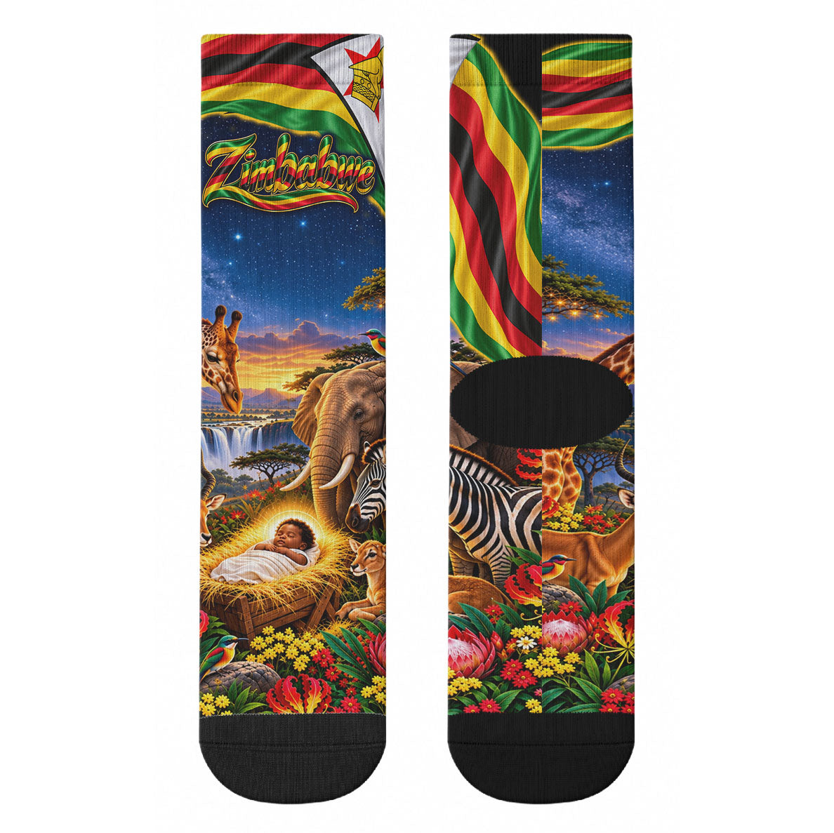 Zimbabwe Christmas Holy Family Crew Socks African Safari Wildlife Savanna Sunset Baby Jesus