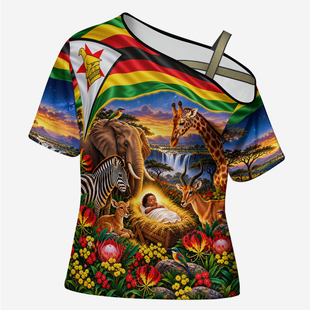 Zimbabwe Christmas Holy Family Cross Shoulder Shirt African Safari Wildlife Savanna Sunset Baby Jesus