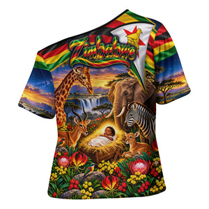 Zimbabwe Christmas Holy Family Cross Shoulder Shirt African Safari Wildlife Savanna Sunset Baby Jesus