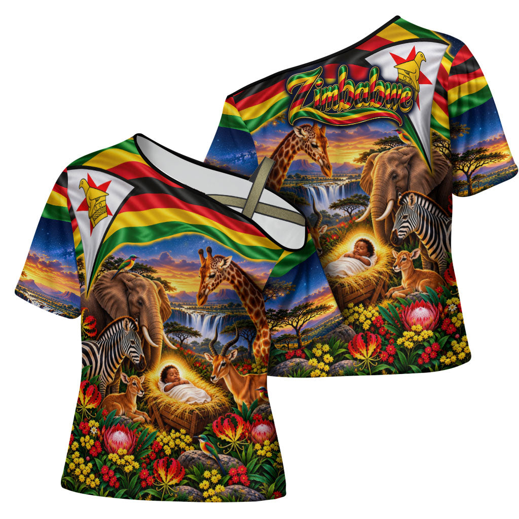 Zimbabwe Christmas Holy Family Cross Shoulder Shirt African Safari Wildlife Savanna Sunset Baby Jesus