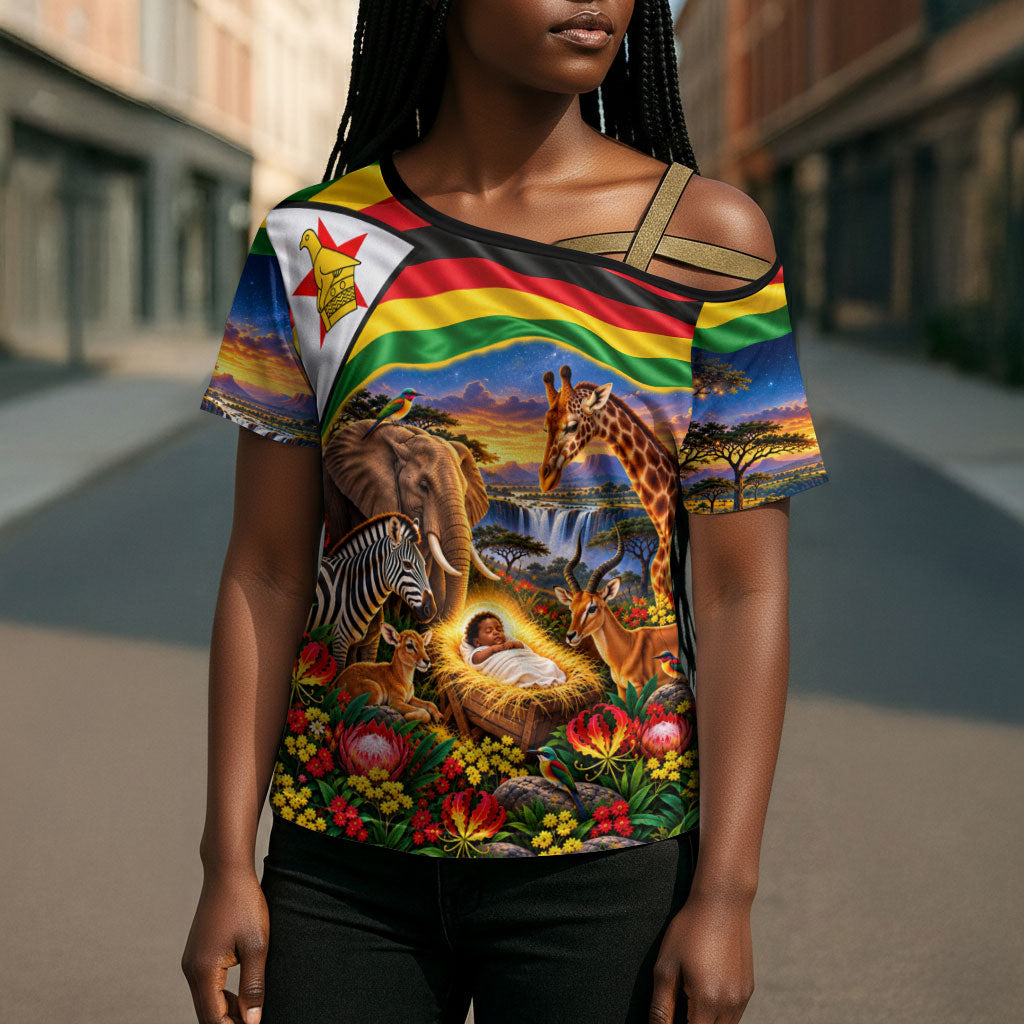 Zimbabwe Christmas Holy Family Cross Shoulder Shirt African Safari Wildlife Savanna Sunset Baby Jesus