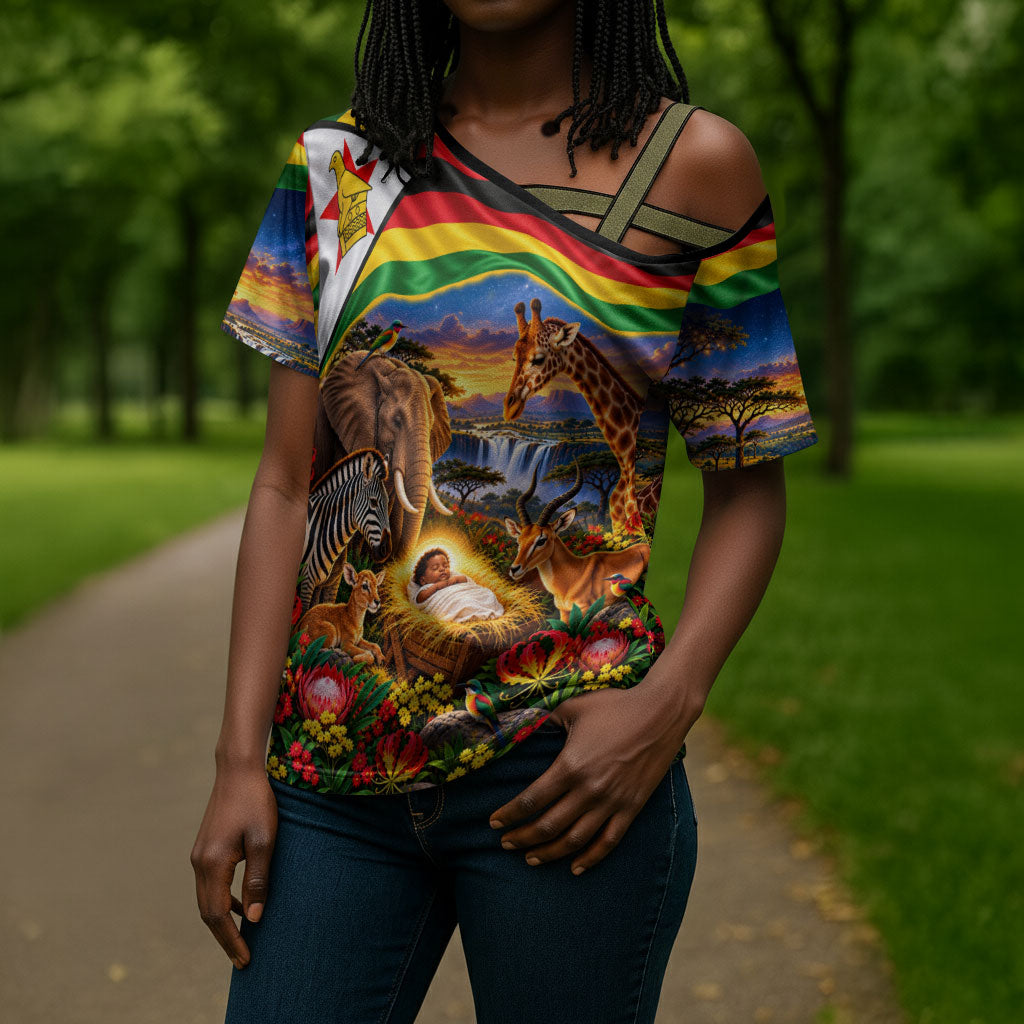 Zimbabwe Christmas Holy Family Cross Shoulder Shirt African Safari Wildlife Savanna Sunset Baby Jesus