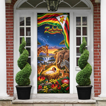 Zimbabwe Christmas Holy Family Door Cover African Safari Wildlife Savanna Sunset Baby Jesus
