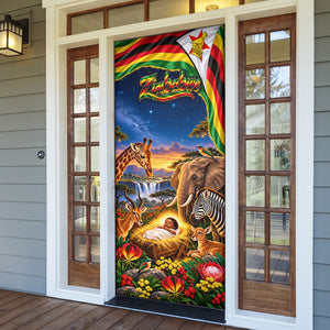 Zimbabwe Christmas Holy Family Door Cover African Safari Wildlife Savanna Sunset Baby Jesus