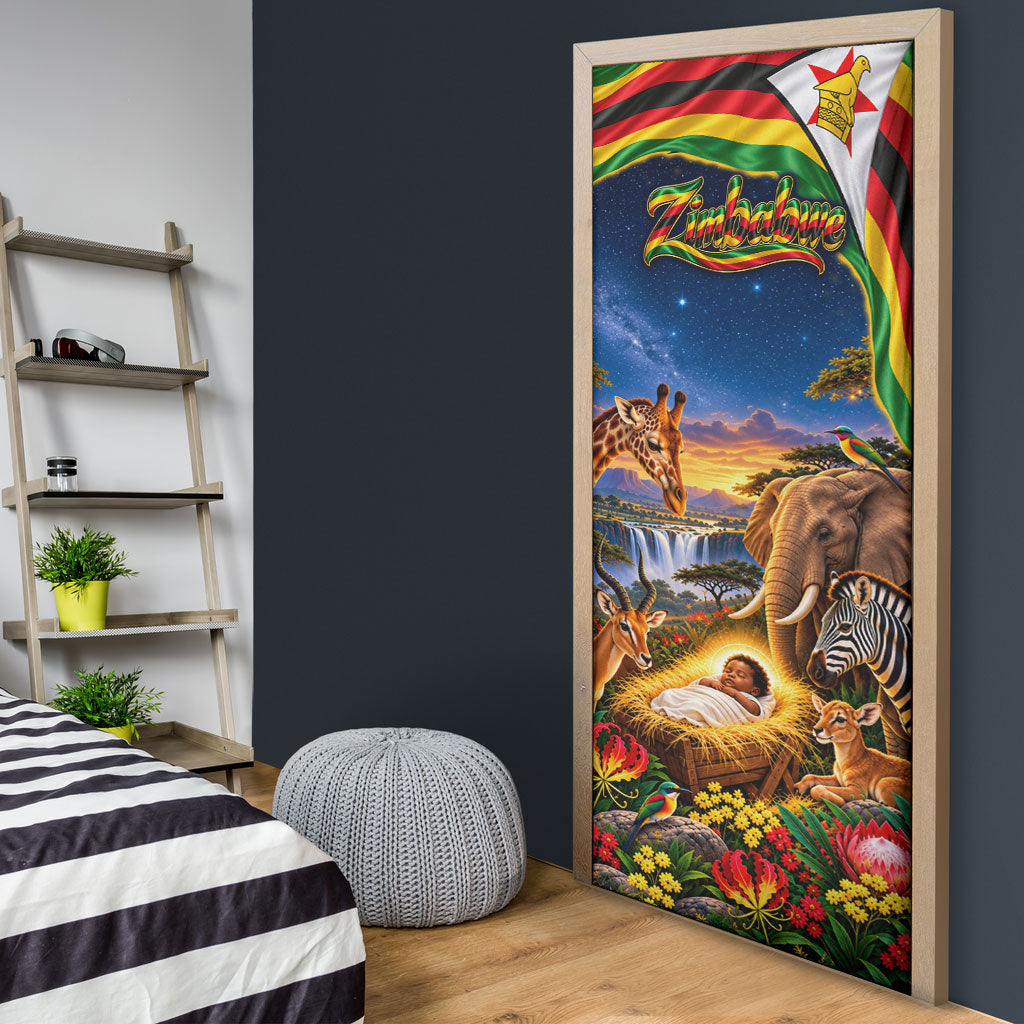 Zimbabwe Christmas Holy Family Door Cover African Safari Wildlife Savanna Sunset Baby Jesus