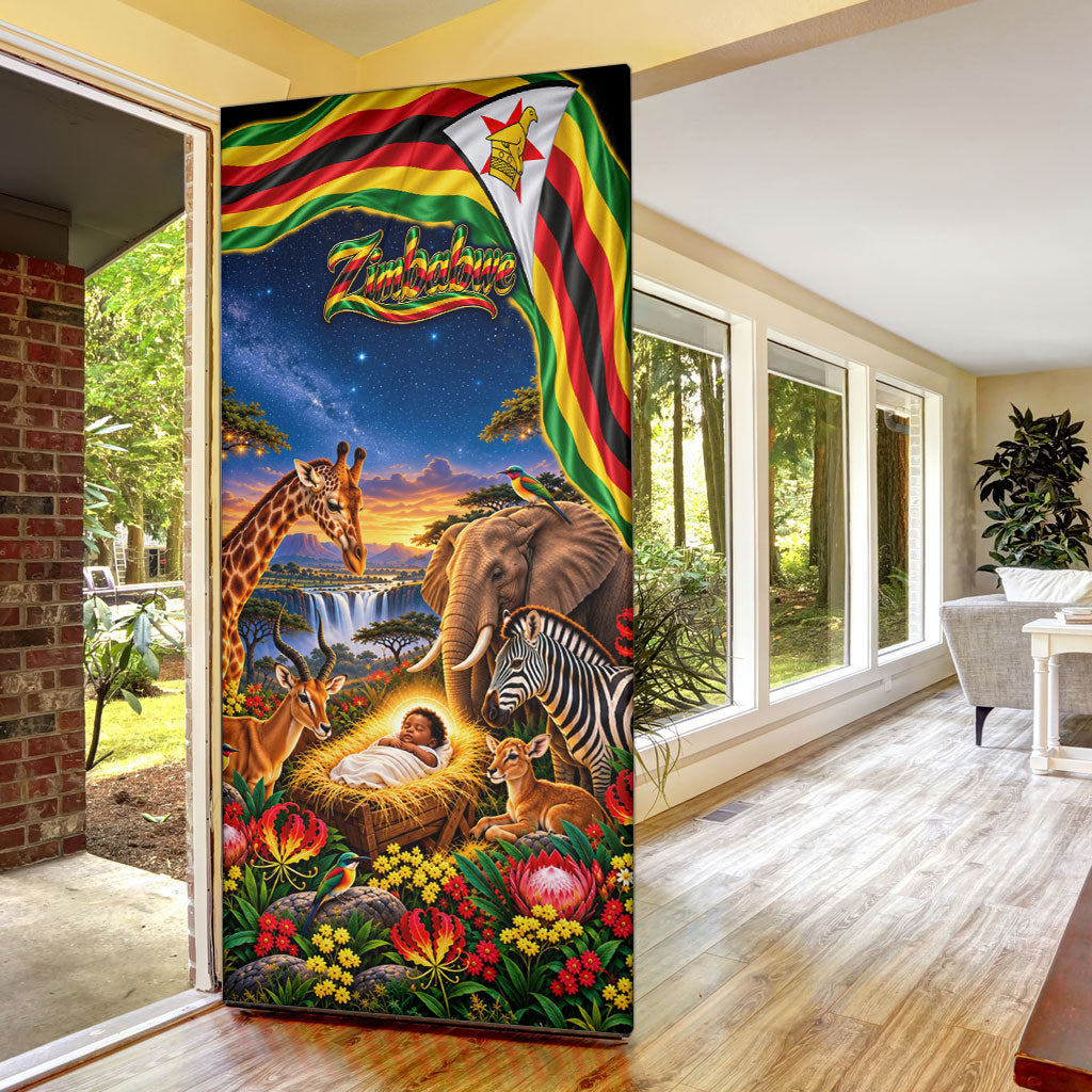 Zimbabwe Christmas Holy Family Door Cover African Safari Wildlife Savanna Sunset Baby Jesus