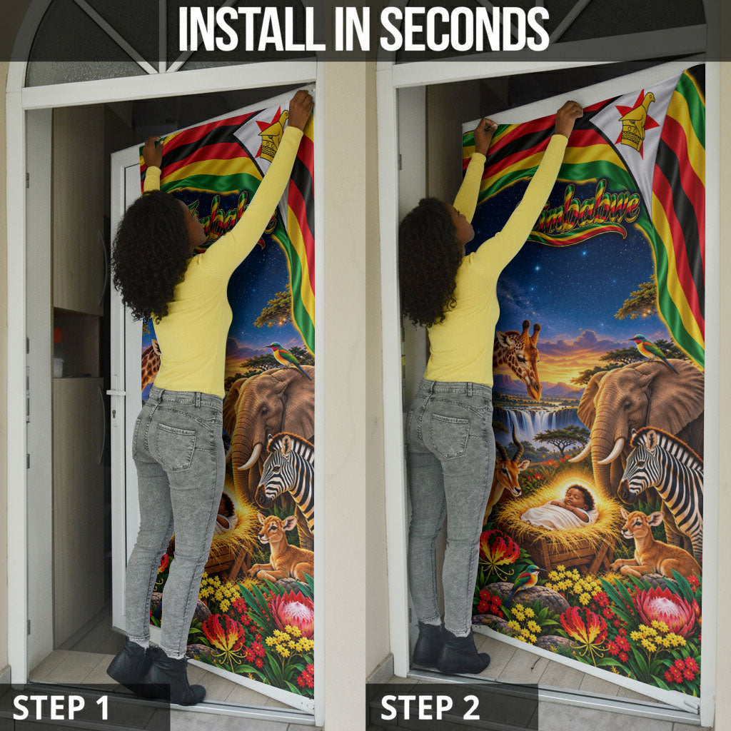 Zimbabwe Christmas Holy Family Door Cover African Safari Wildlife Savanna Sunset Baby Jesus