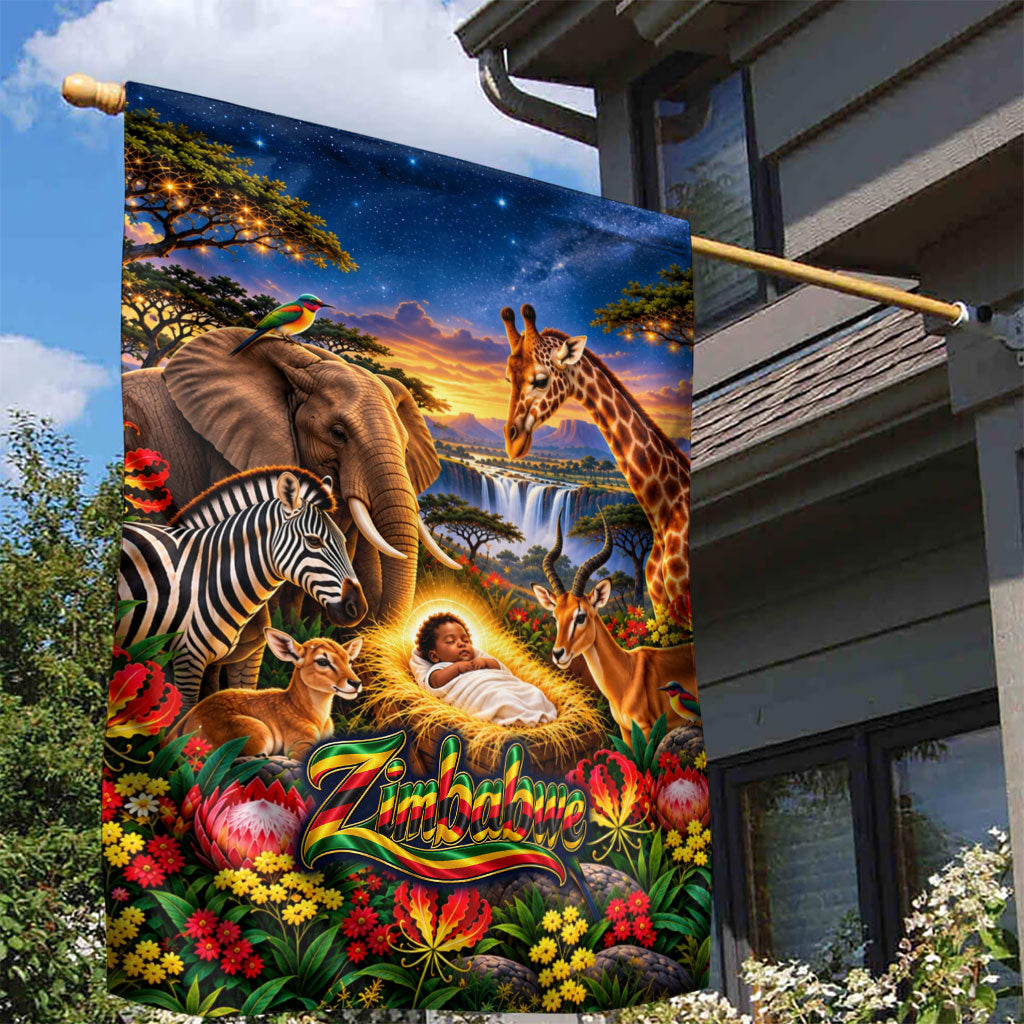 Zimbabwe Christmas Holy Family Garden Flag African Safari Wildlife Savanna Sunset Baby Jesus