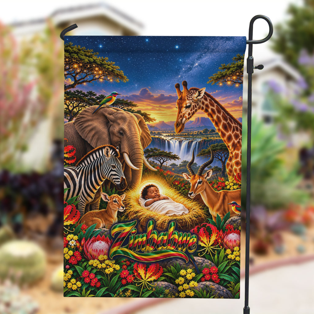 Zimbabwe Christmas Holy Family Garden Flag African Safari Wildlife Savanna Sunset Baby Jesus