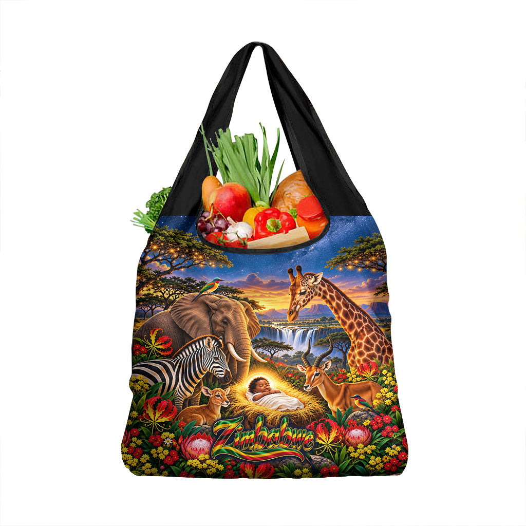 Zimbabwe Christmas Holy Family Grocery Bag African Safari Wildlife Savanna Sunset Baby Jesus