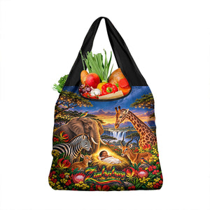 Zimbabwe Christmas Holy Family Grocery Bag African Safari Wildlife Savanna Sunset Baby Jesus