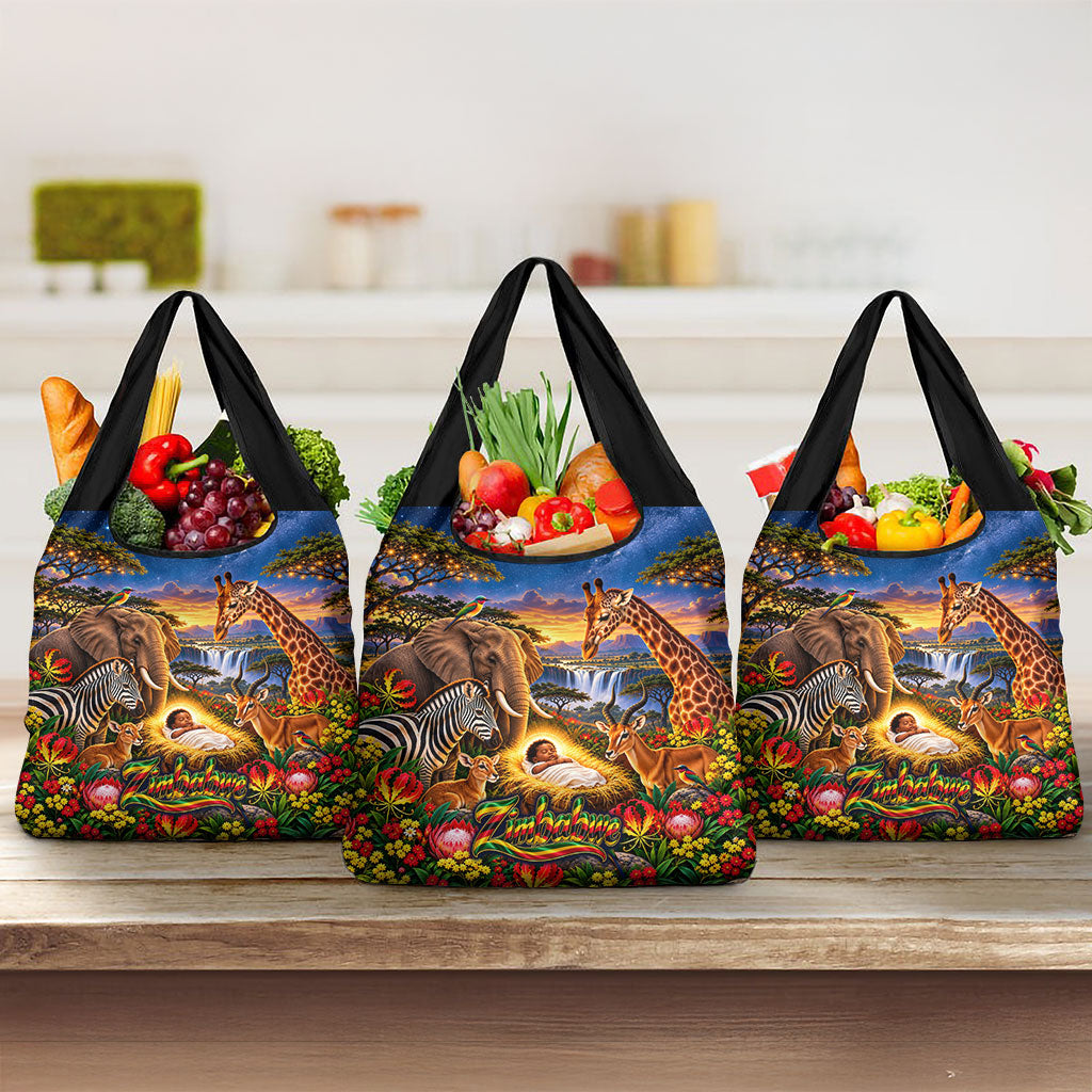 Zimbabwe Christmas Holy Family Grocery Bag African Safari Wildlife Savanna Sunset Baby Jesus