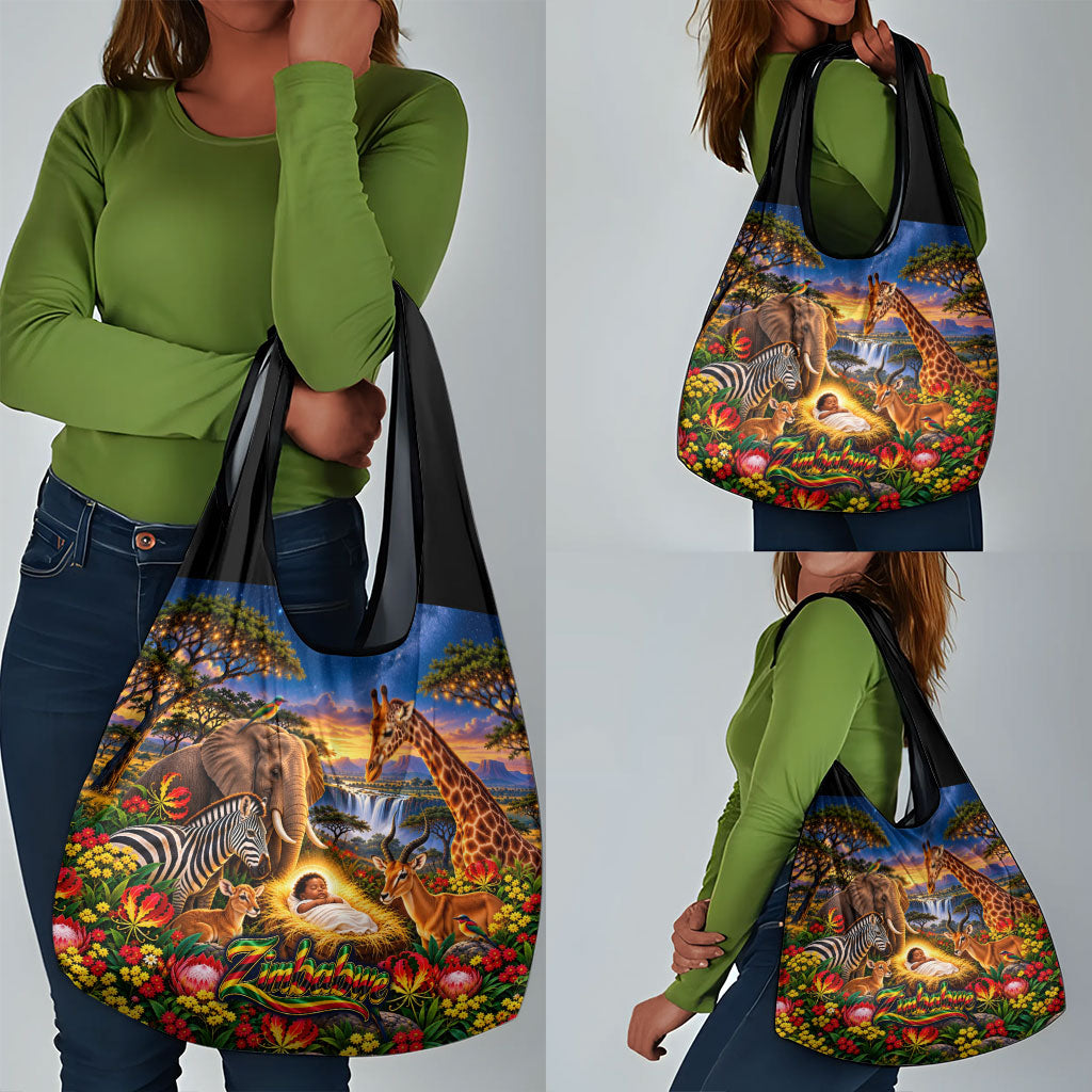 Zimbabwe Christmas Holy Family Grocery Bag African Safari Wildlife Savanna Sunset Baby Jesus