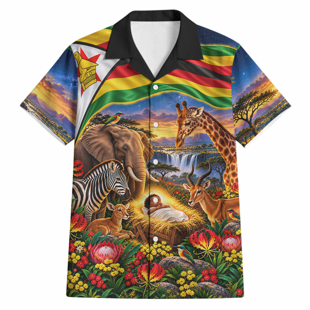 Zimbabwe Christmas Holy Family Hawaiian Shirt African Safari Wildlife Savanna Sunset Baby Jesus