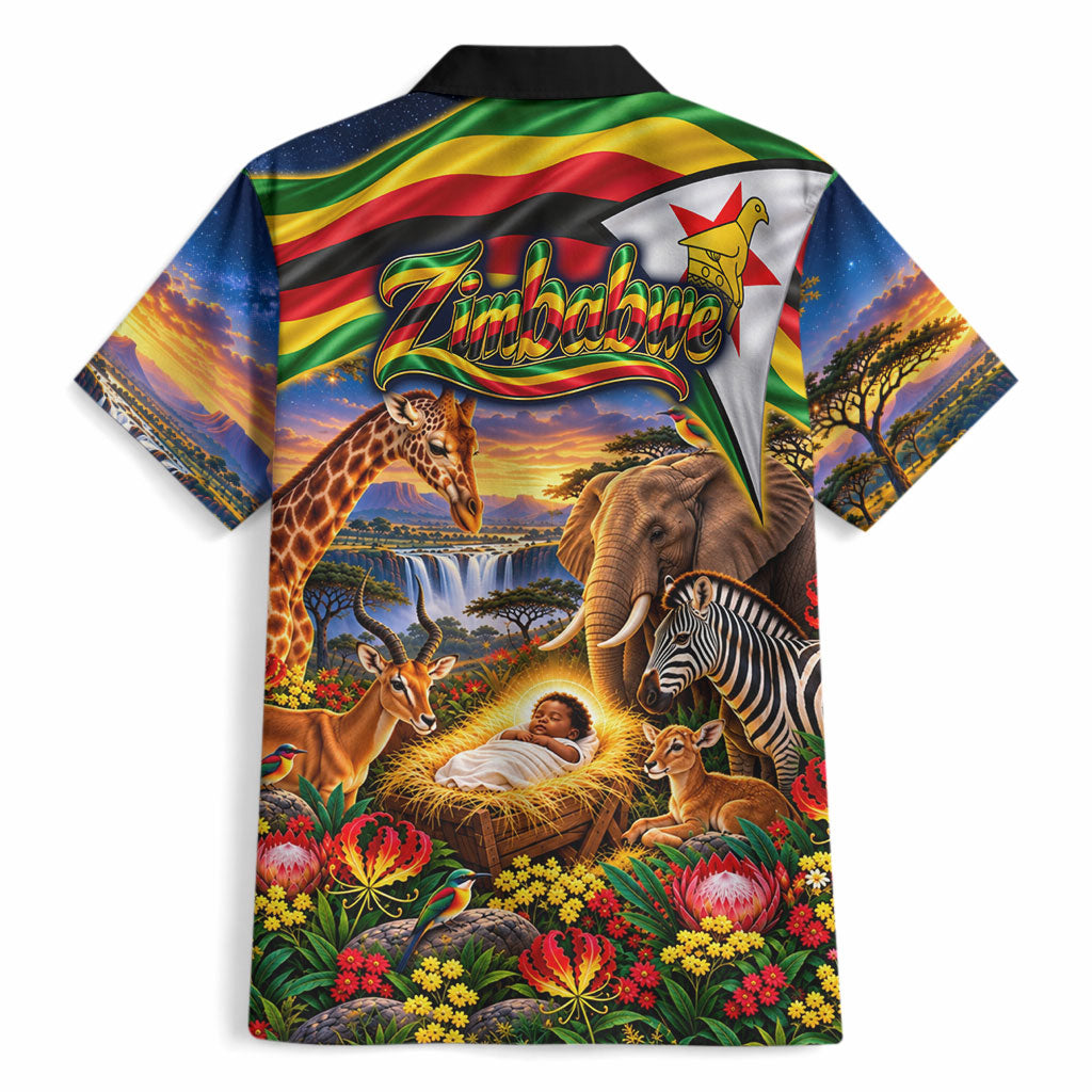 Zimbabwe Christmas Holy Family Hawaiian Shirt African Safari Wildlife Savanna Sunset Baby Jesus