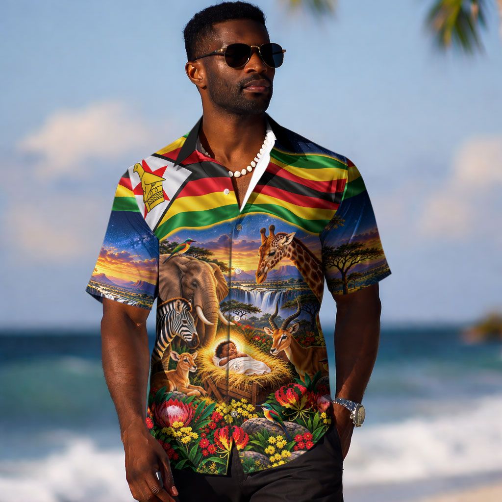 Zimbabwe Christmas Holy Family Hawaiian Shirt African Safari Wildlife Savanna Sunset Baby Jesus