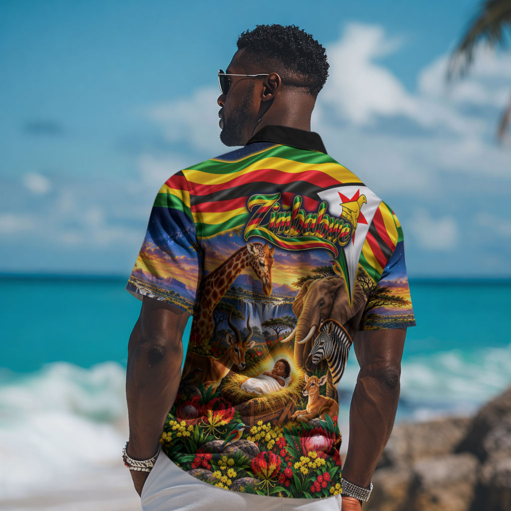 Zimbabwe Christmas Holy Family Hawaiian Shirt African Safari Wildlife Savanna Sunset Baby Jesus