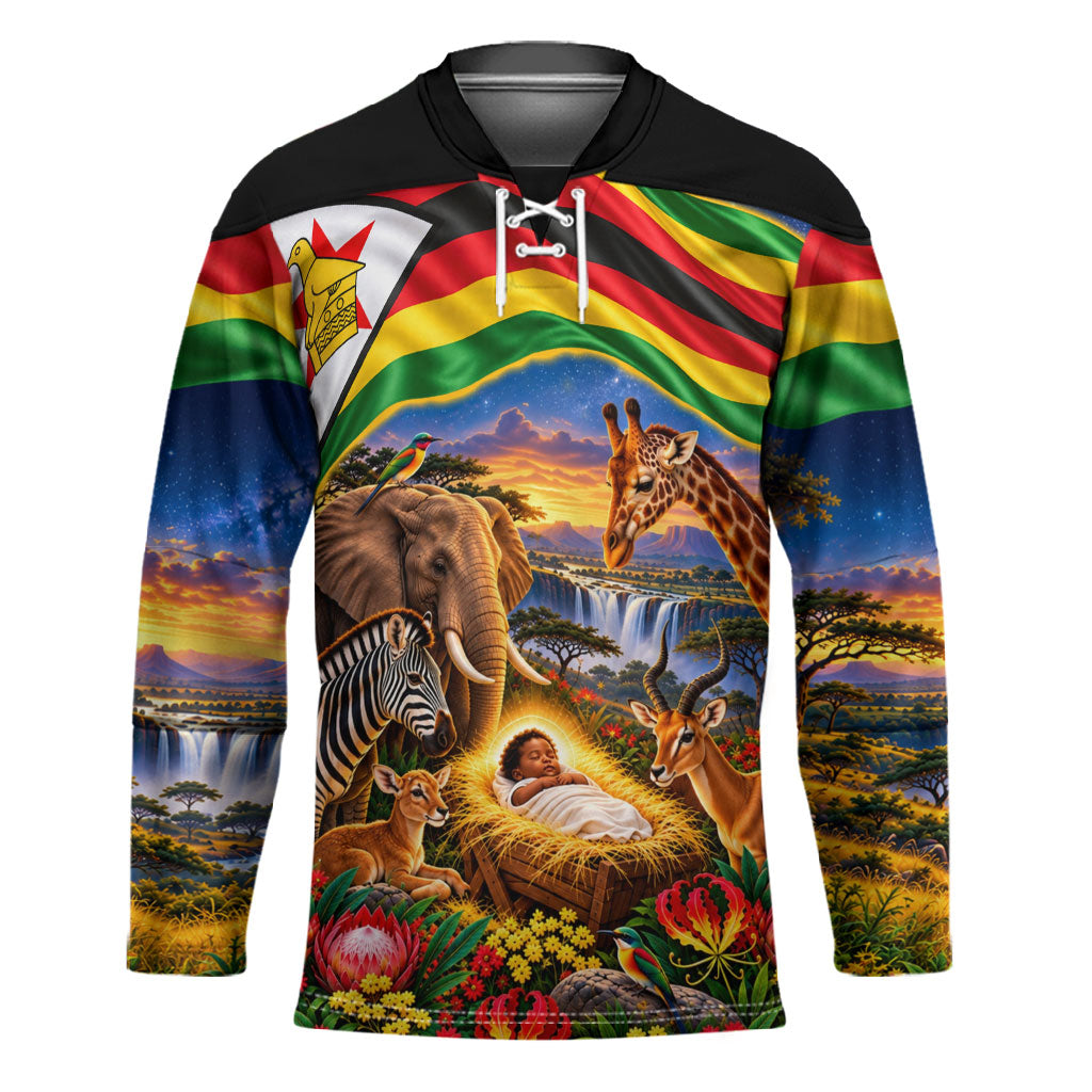 Zimbabwe Christmas Holy Family Hockey Jersey African Safari Wildlife Savanna Sunset Baby Jesus
