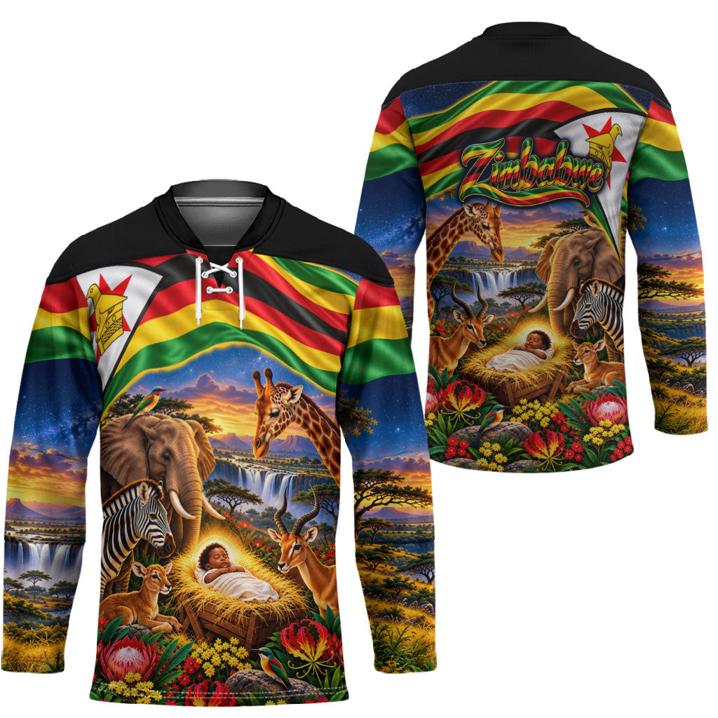 Zimbabwe Christmas Holy Family Hockey Jersey African Safari Wildlife Savanna Sunset Baby Jesus