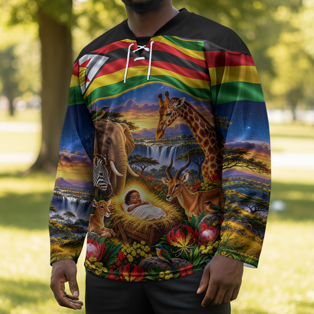 Zimbabwe Christmas Holy Family Hockey Jersey African Safari Wildlife Savanna Sunset Baby Jesus