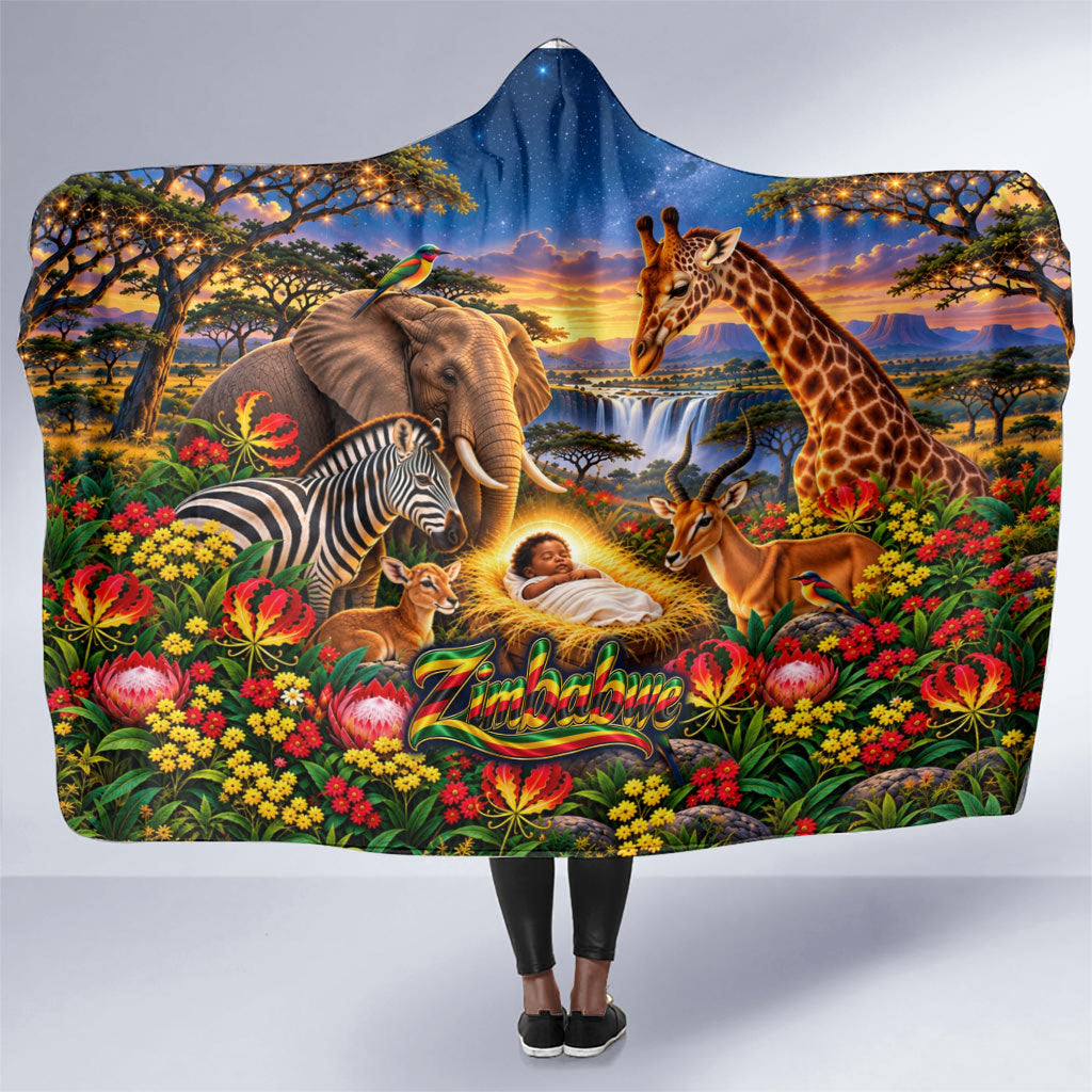 Zimbabwe Christmas Holy Family Hooded Blanket African Safari Wildlife Savanna Sunset Baby Jesus