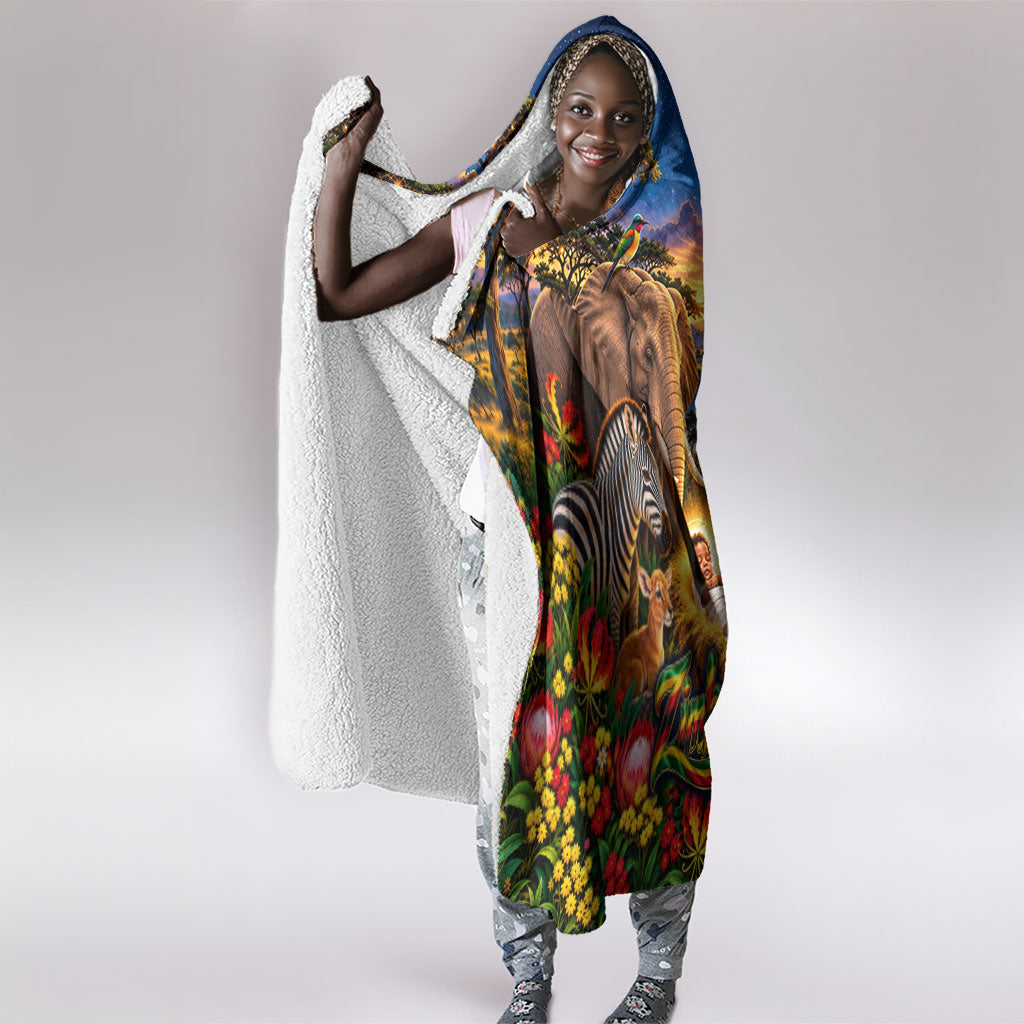 Zimbabwe Christmas Holy Family Hooded Blanket African Safari Wildlife Savanna Sunset Baby Jesus