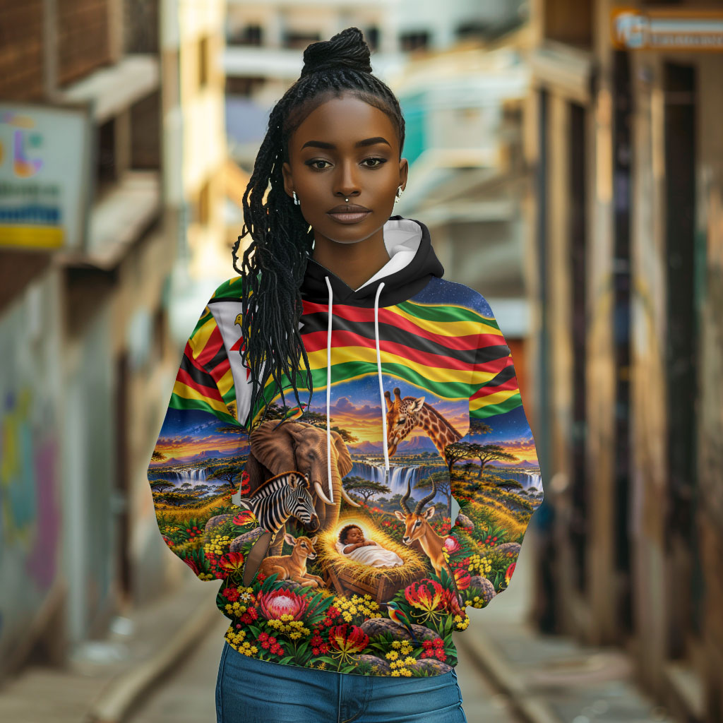 Zimbabwe Christmas Holy Family Hoodie African Safari Wildlife Savanna Sunset Baby Jesus