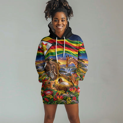 Zimbabwe Christmas Holy Family Hoodie Dress African Safari Wildlife Savanna Sunset Baby Jesus