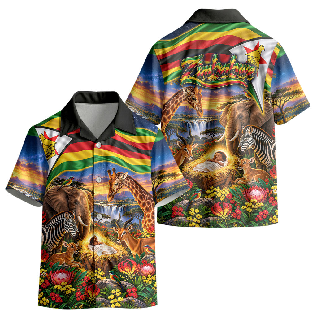 Zimbabwe Christmas Holy Family Kid Hawaiian Shirt African Safari Wildlife Savanna Sunset Baby Jesus