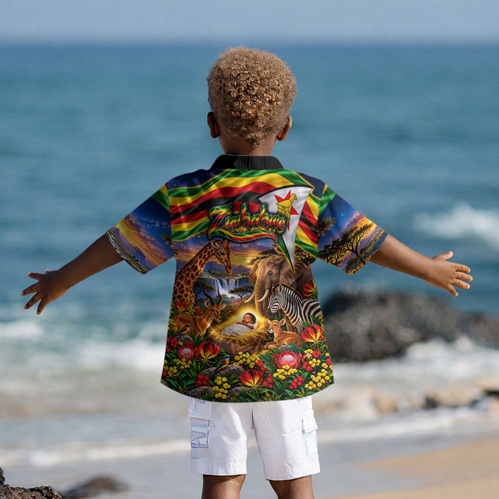Zimbabwe Christmas Holy Family Kid Hawaiian Shirt African Safari Wildlife Savanna Sunset Baby Jesus