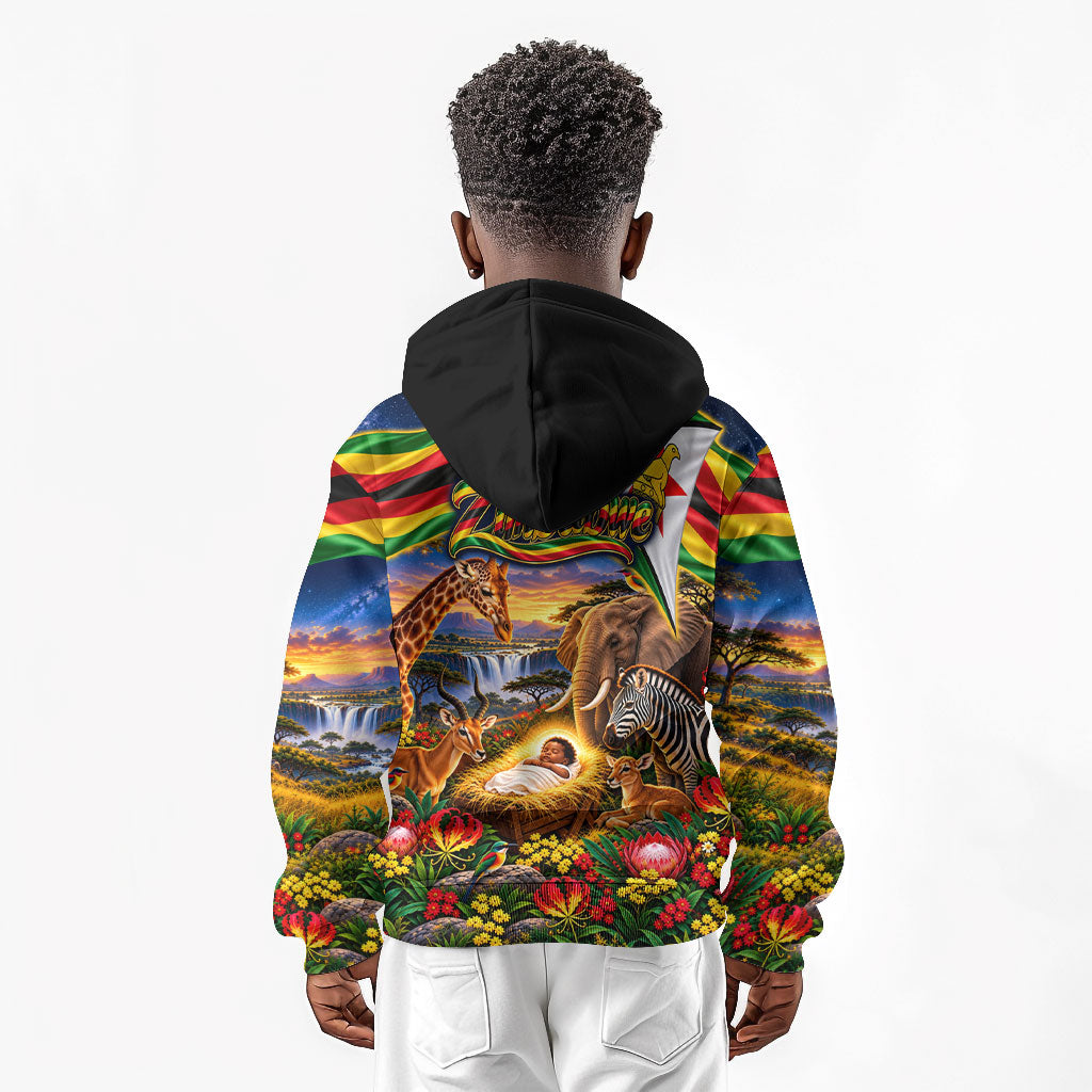 Zimbabwe Christmas Holy Family Kid Hoodie African Safari Wildlife Savanna Sunset Baby Jesus