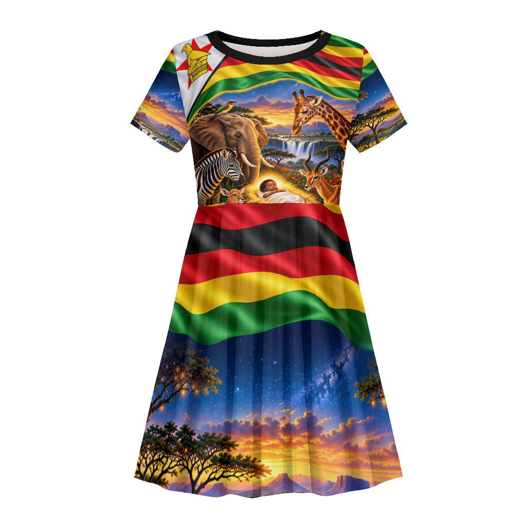 Zimbabwe Christmas Holy Family Kid Short Sleeve Dress African Safari Wildlife Savanna Sunset Baby Jesus