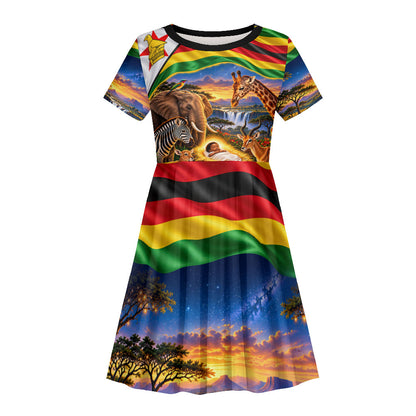 Zimbabwe Christmas Holy Family Kid Short Sleeve Dress African Safari Wildlife Savanna Sunset Baby Jesus