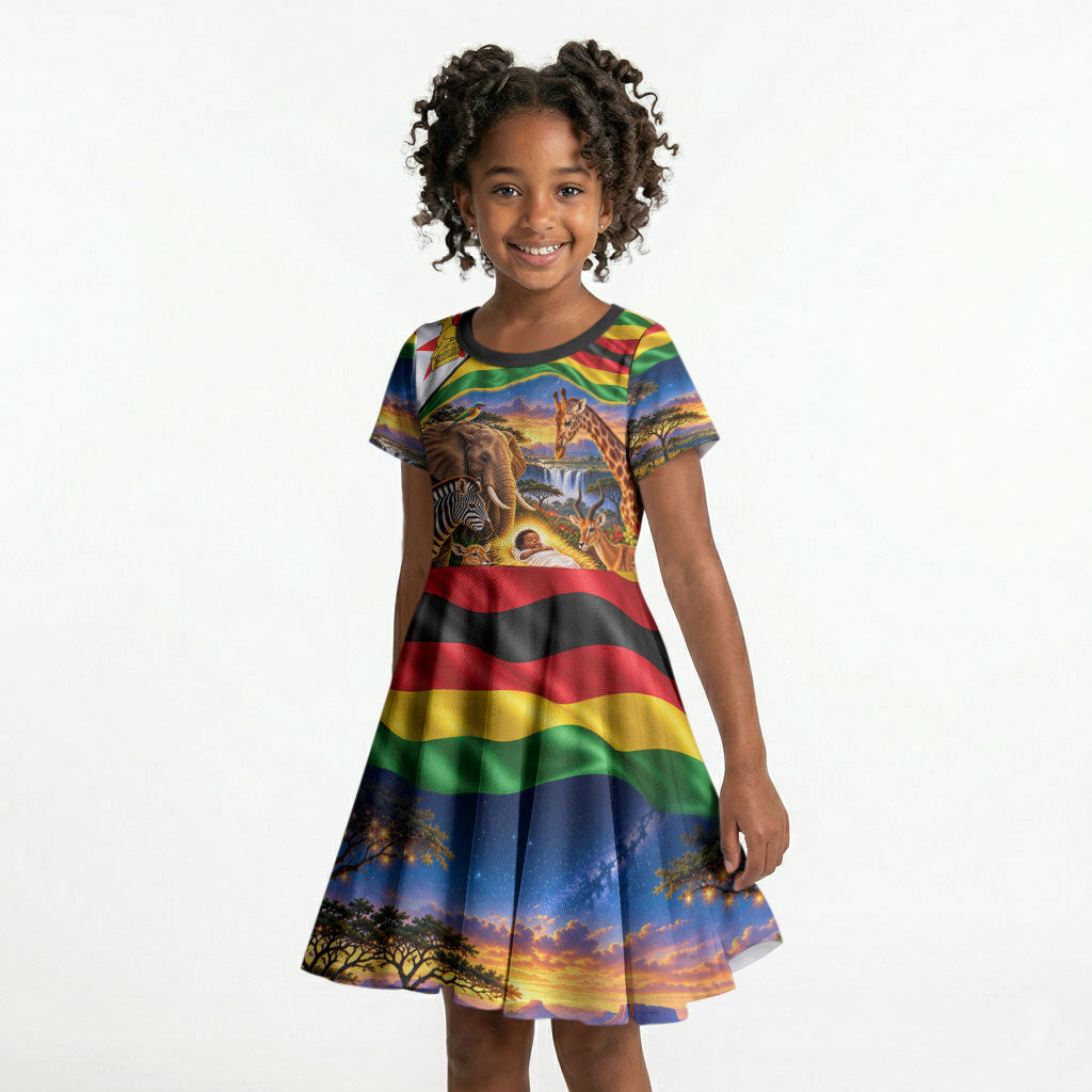 Zimbabwe Christmas Holy Family Kid Short Sleeve Dress African Safari Wildlife Savanna Sunset Baby Jesus